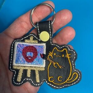 Bob Ross & Painting Black Cat Keychain - Handmade
